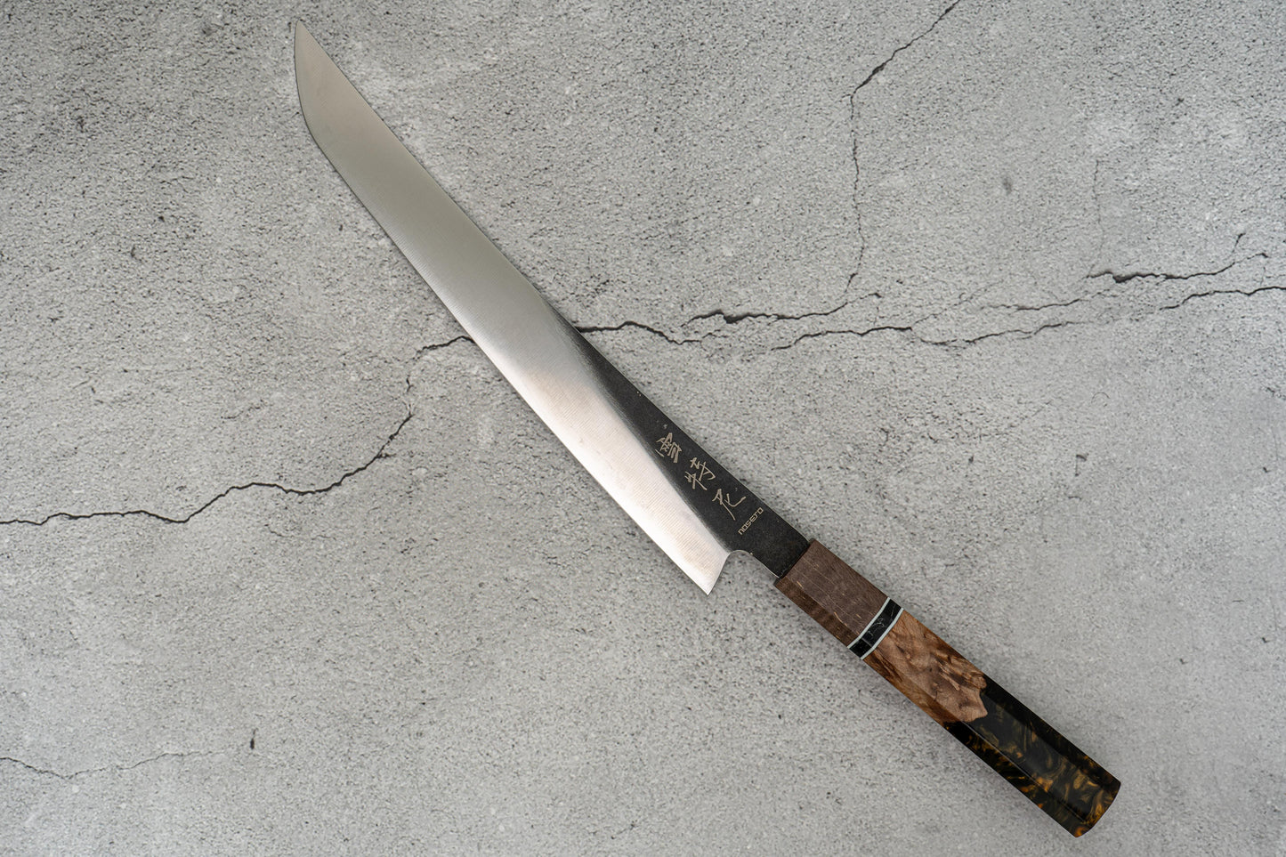 Couteau de chasse Noseto marron/bleu à haute teneur en carbone 240 mm Sakimaru Sujihiki manche en résine bois octogonal
