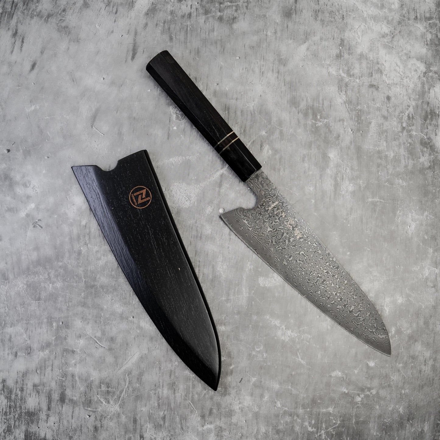 Couteau à lame fixe Noseto 110 couches en acier Damas Super Steel Gyuto, manche octogonal en bois d'ébène et pierre noire