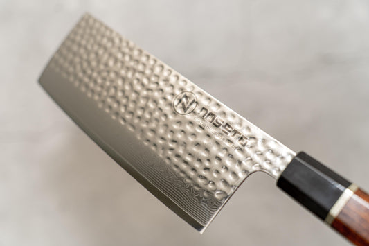 Noseto Suki Tall Nakiri Cleaver 67 Layers Hammered Damascus Desert Iron Wood Handle