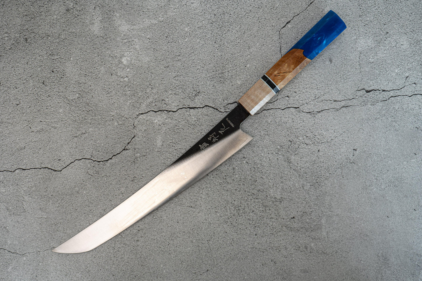 Couteau de chasse Noseto marron/bleu à haute teneur en carbone 240 mm Sakimaru Sujihiki manche en résine bois octogonal