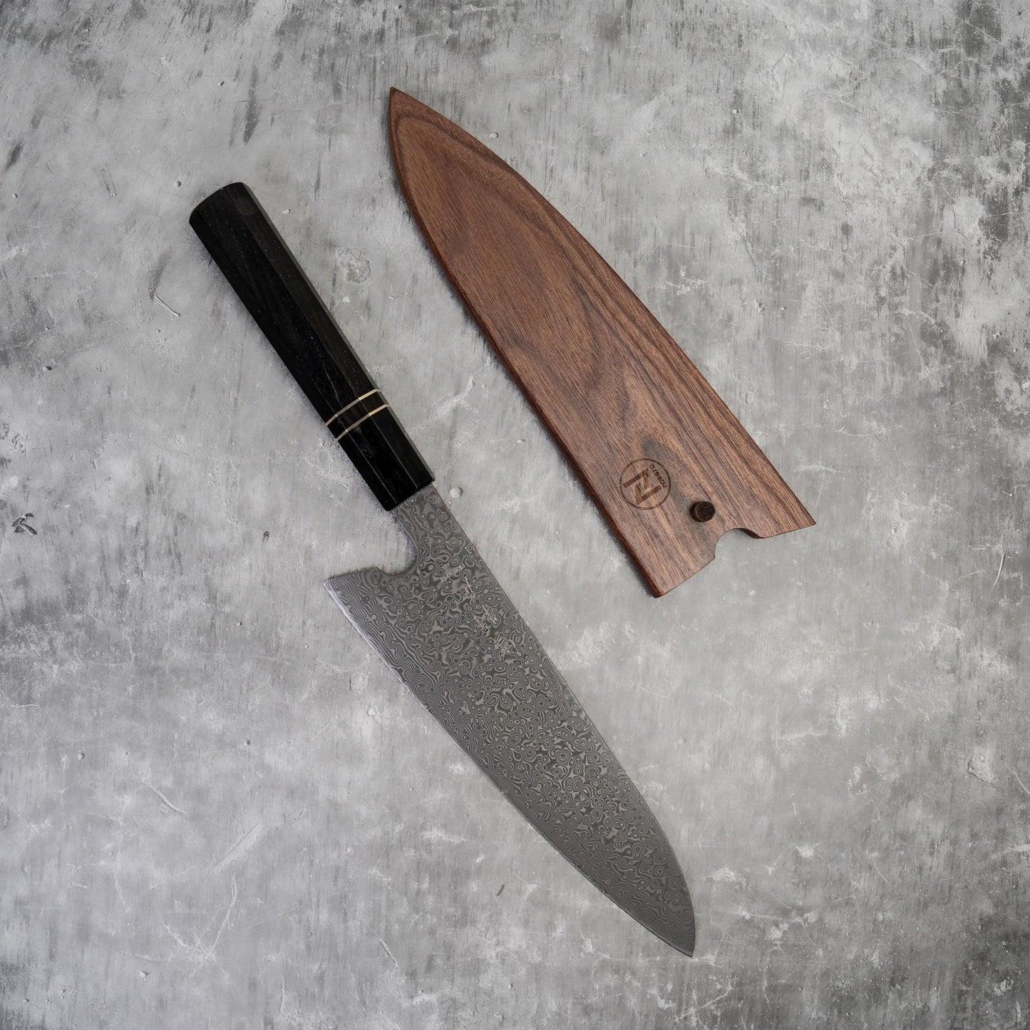 Couteau à lame fixe Noseto 110 couches en acier Damas Super Steel Gyuto, manche octogonal en bois d'ébène et pierre noire