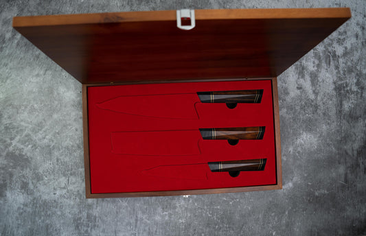 Noseto 110 Layers Knife set (Gyuto, Nakiri, Petty) Damascus Super Steel North America Ironwood Handle with Magnetic Saya