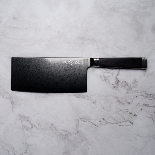 Noseto Buto Cleaver 180mm Aus-8 Black Titanium Damascus Ebony Handle