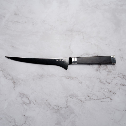 Noseto Buto fillet knife 180mm Aus-8 Black Titanium Damascus Ebony Handle