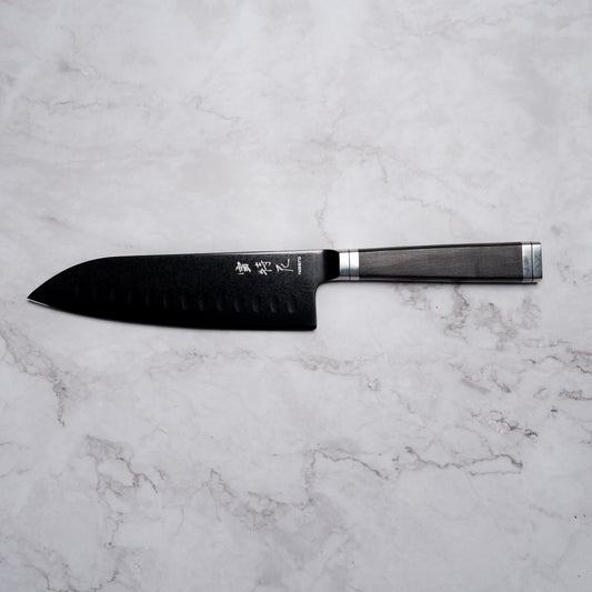 Noseto Buto Santoku 180mm Aus-8 Black Titanium Damascus Ebony Handle