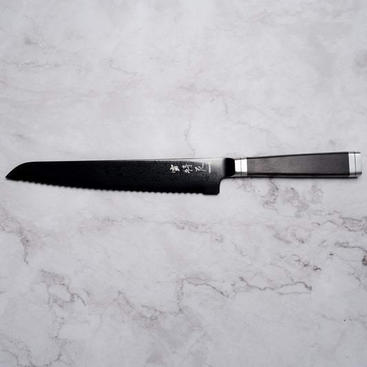 Noseto Buto Bread Knife 210mm Aus-8 Black Titanium Damascus Ebony Handle