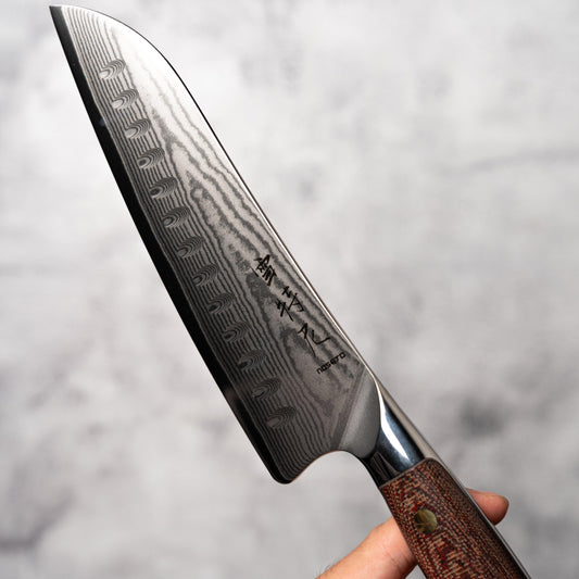 Noseto Toka Santoku 180mm 67 layers VG-10 Damascus Steel with Micarta + Copper Rivets Handle