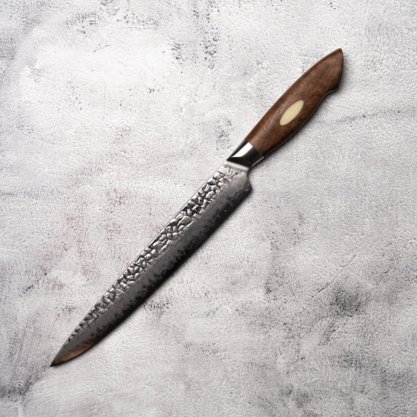 Noseto Oku Sujihiki 240mm Hammered 67 Layers AUS10 Damascus Steel Walnut Wood + Synthetic Ox Bone Patch Handle