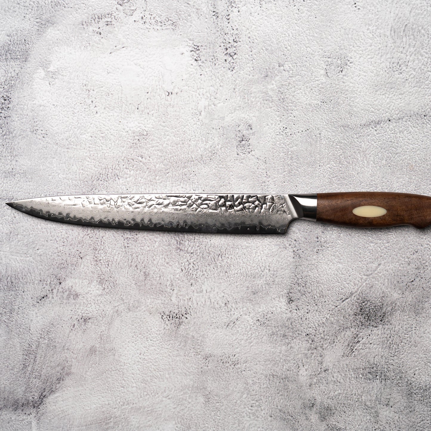 Noseto Oku Sujihiki 240mm Hammered 67 Layers AUS10 Damascus Steel Walnut Wood + Synthetic Ox Bone Patch Handle
