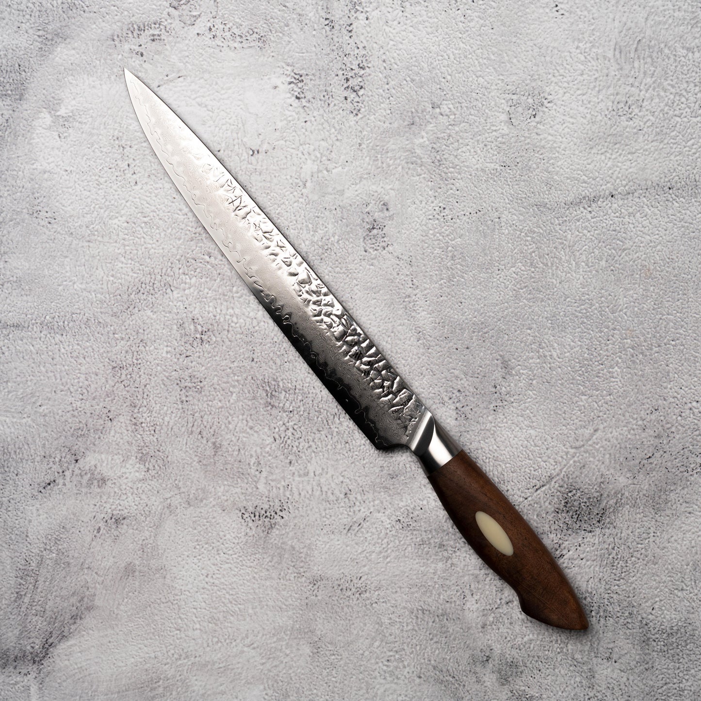 Noseto Oku Sujihiki 240mm Hammered 67 Layers AUS10 Damascus Steel Walnut Wood + Synthetic Ox Bone Patch Handle