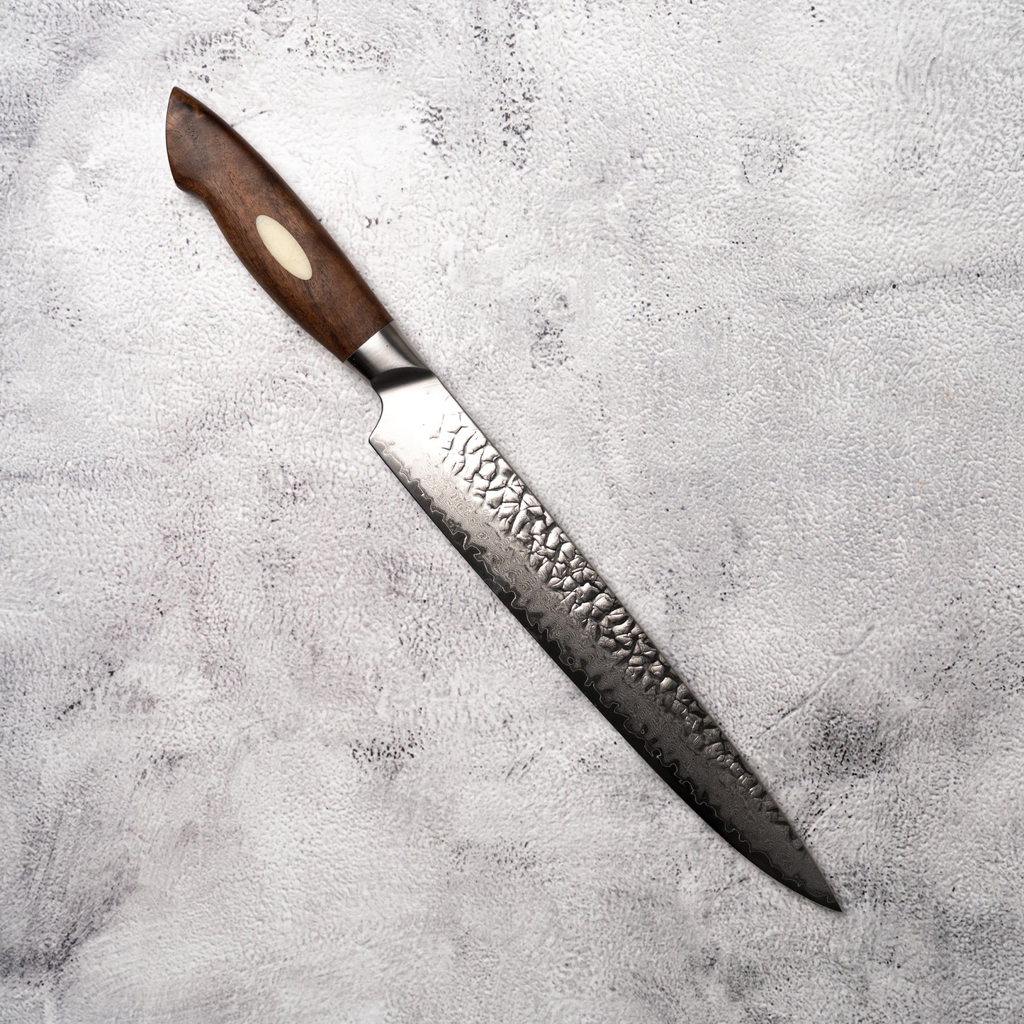 Noseto Oku Sujihiki 240mm Hammered 67 Layers AUS10 Damascus Steel Walnut Wood + Synthetic Ox Bone Patch Handle