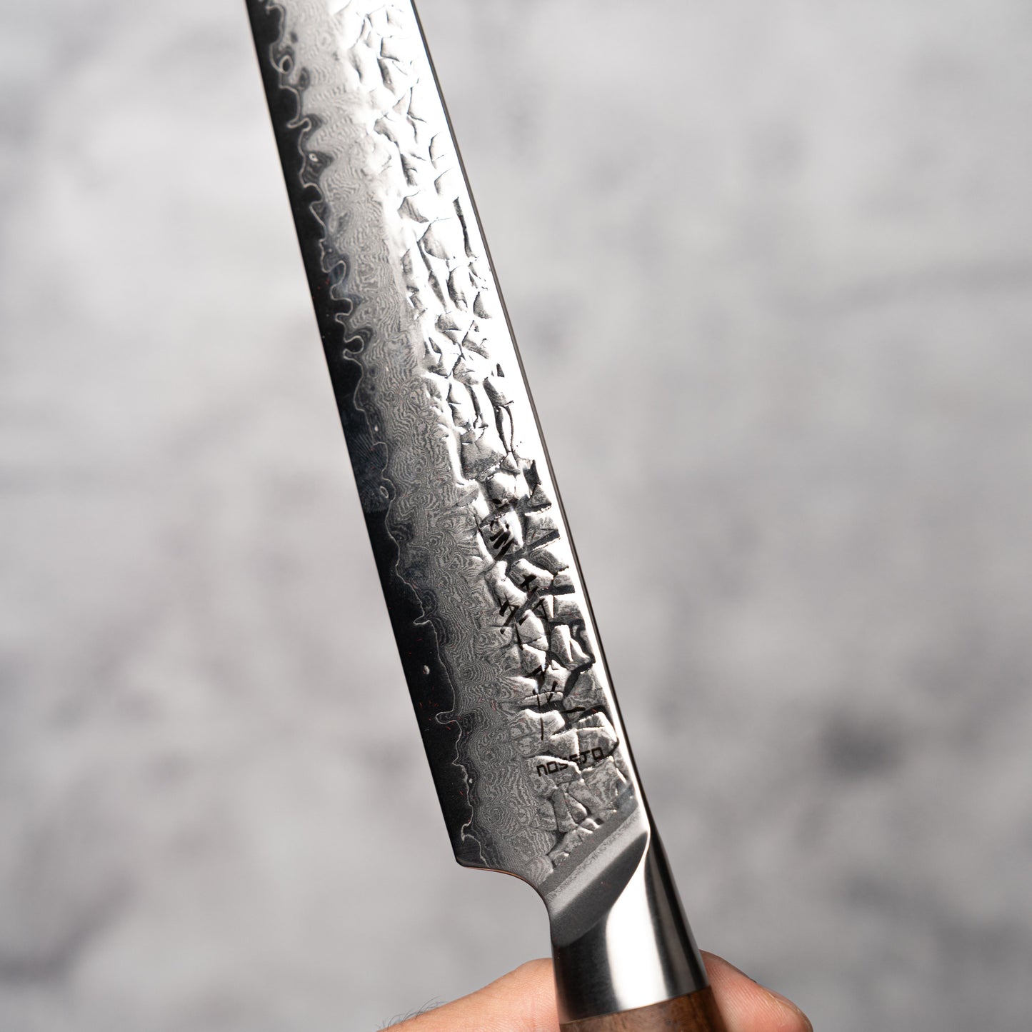 Noseto Oku Sujihiki 240mm Hammered 67 Layers AUS10 Damascus Steel Walnut Wood + Synthetic Ox Bone Patch Handle