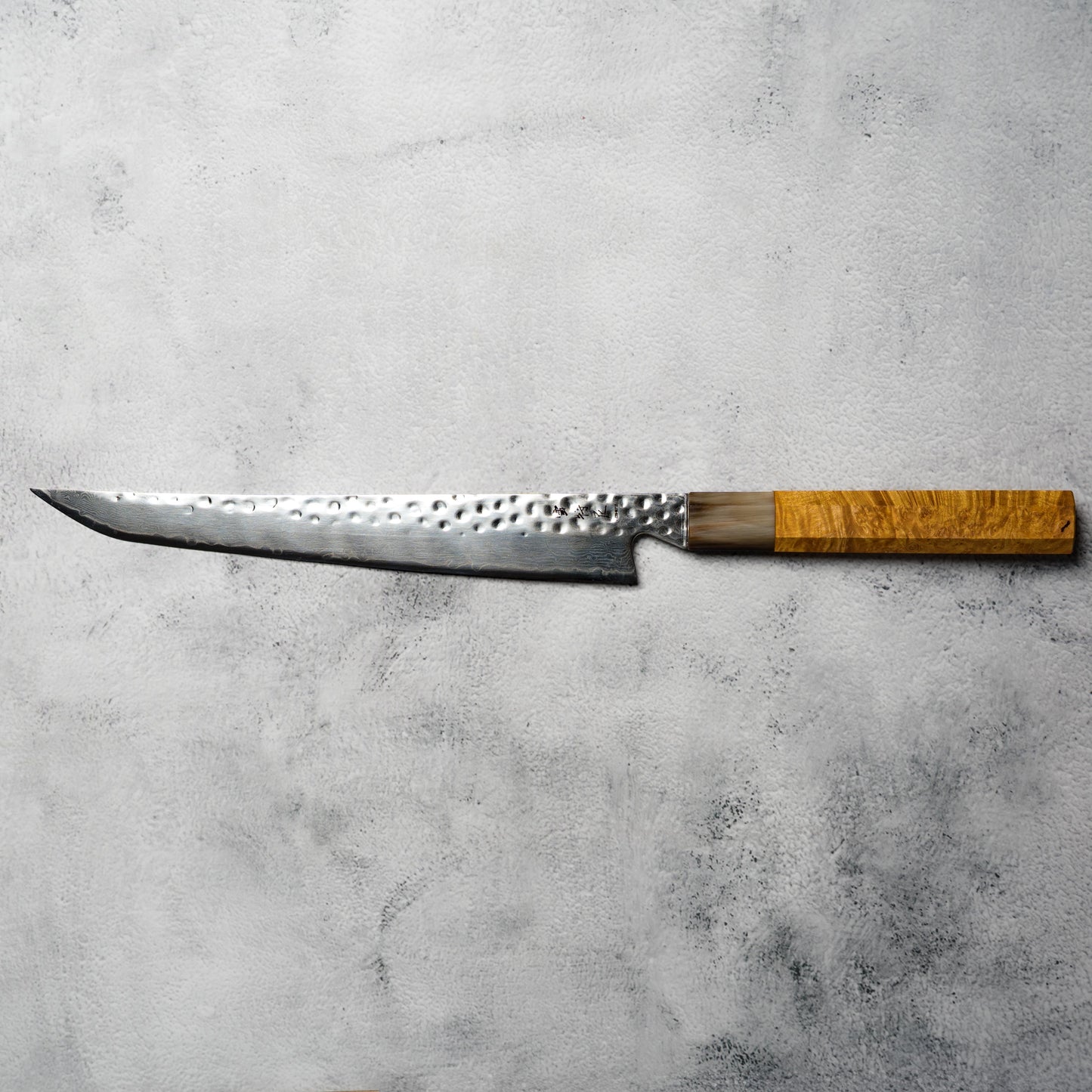 "PRE-ORDER" Noseto Tana 270mm Sakimaru VG-10 Damascus Slicing Knife with Stabilized Burl & White Buffalo Horn