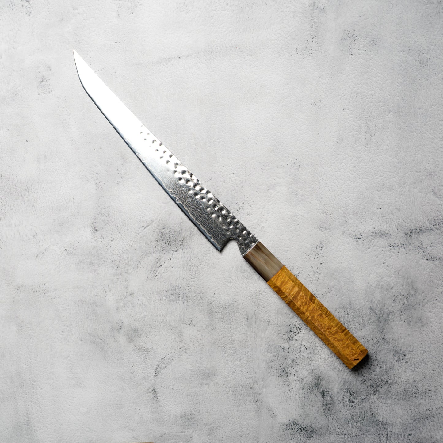 "PRE-ORDER" Noseto Tana 270mm Sakimaru VG-10 Damascus Slicing Knife with Stabilized Burl & White Buffalo Horn
