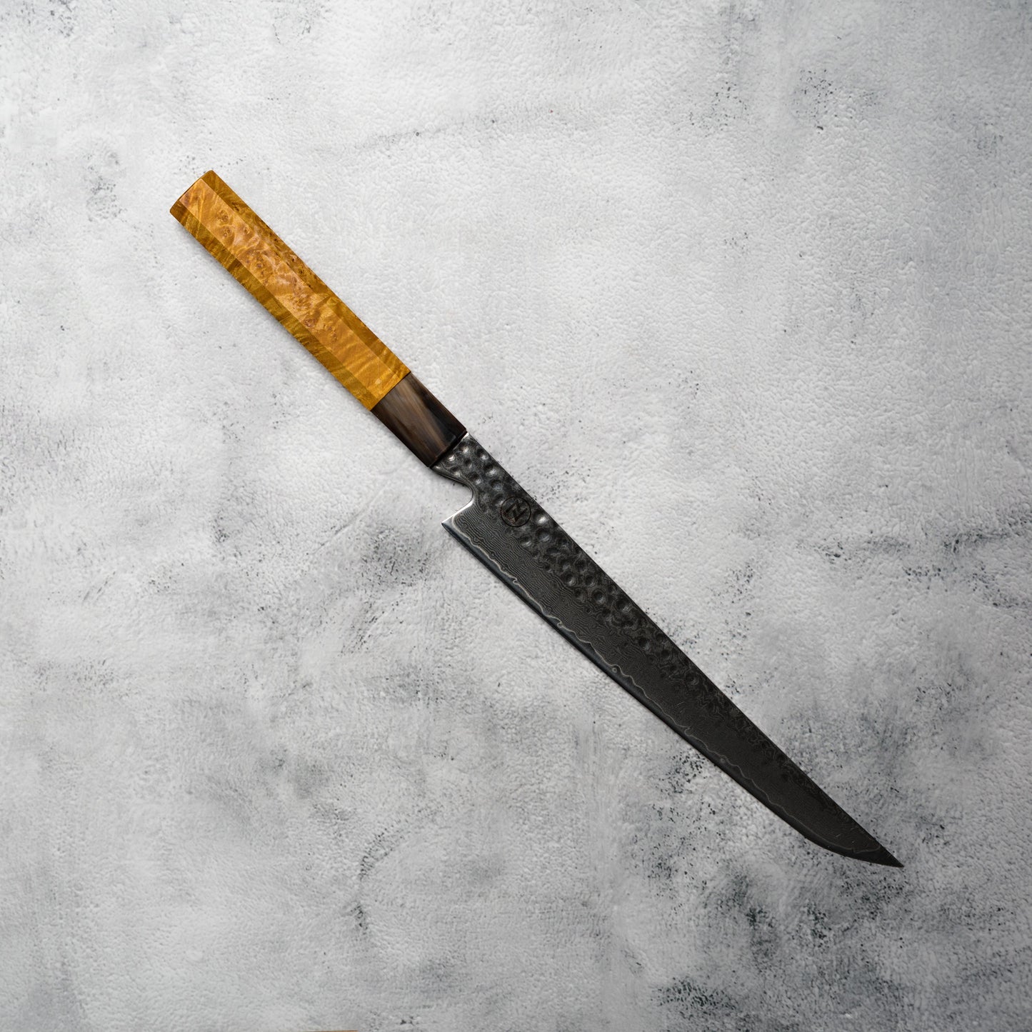 "PRE-ORDER" Noseto Tana 270mm Sakimaru VG-10 Damascus Slicing Knife with Stabilized Burl & White Buffalo Horn