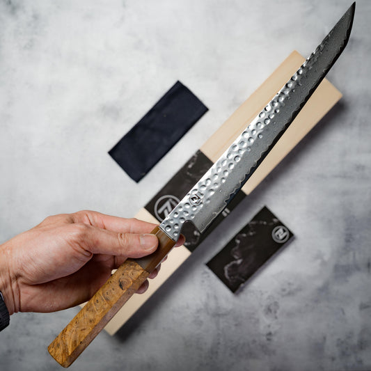 Noseto Tana 270mm Sakimaru VG-10 Damascus Slicing Knife with Stabilized Burl & White Buffalo Horn