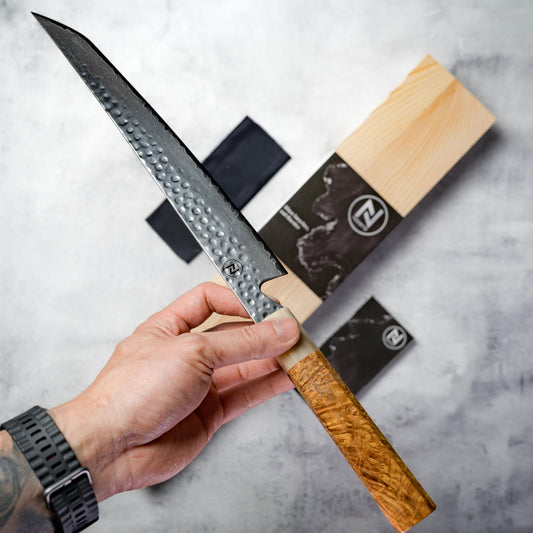 Noseto Tana 240mm Sakimaru VG-10 Damascus Slicing Knife with Stabilized Burl & White Buffalo Horn