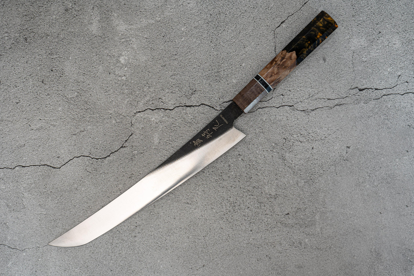 Couteau de chasse Noseto marron/bleu à haute teneur en carbone 240 mm Sakimaru Sujihiki manche en résine bois octogonal