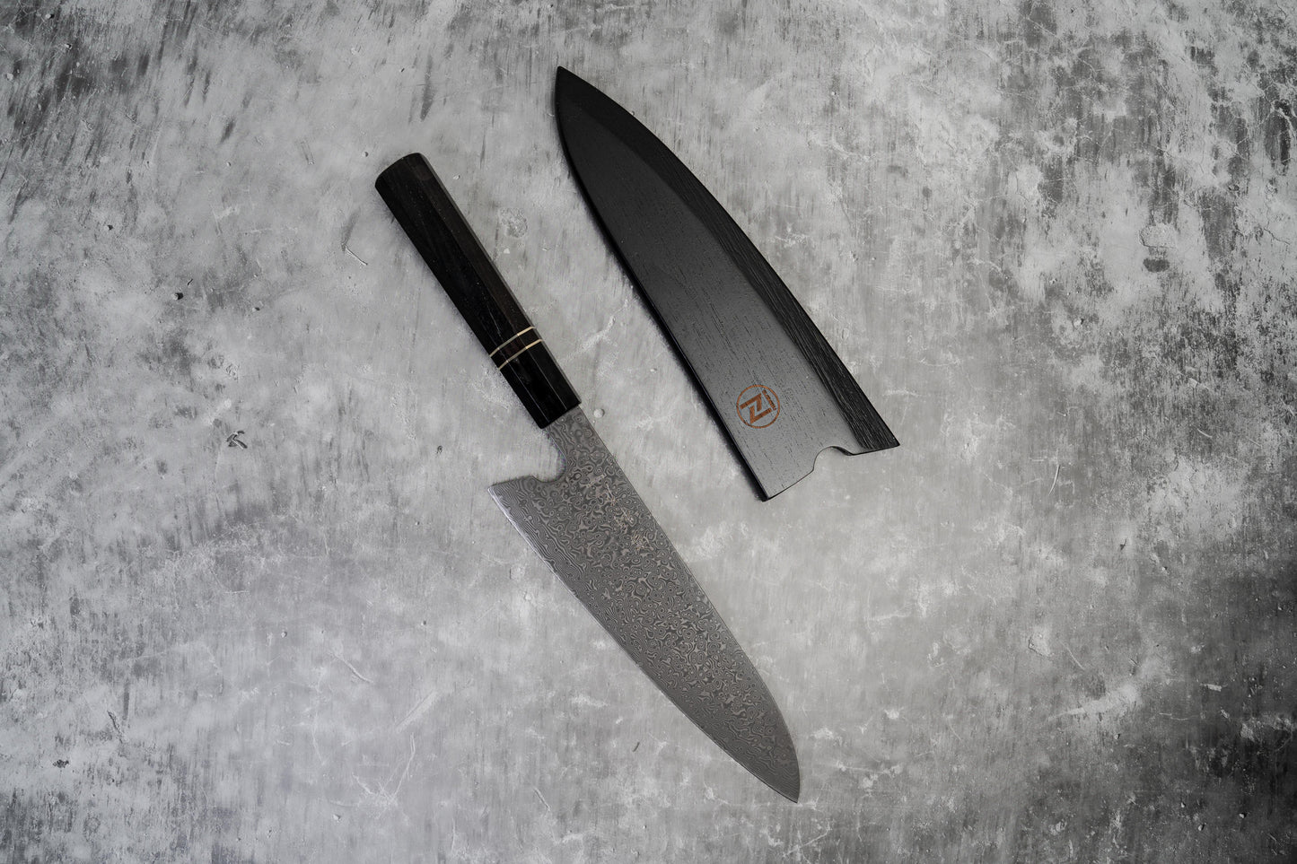 Couteau à lame fixe Noseto 110 couches en acier Damas Super Steel Gyuto, manche octogonal en bois d'ébène et pierre noire