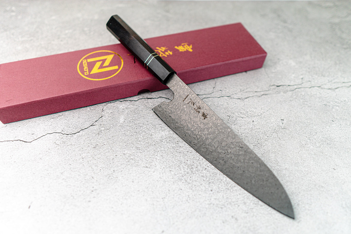 Couteau à lame fixe Noseto 110 couches en acier Damas Super Steel Gyuto, manche octogonal en bois d'ébène et pierre noire