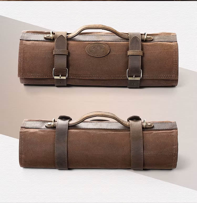 Sac à couteaux de chef pliable en toile et cuir avec 12 emplacements et bandoulière