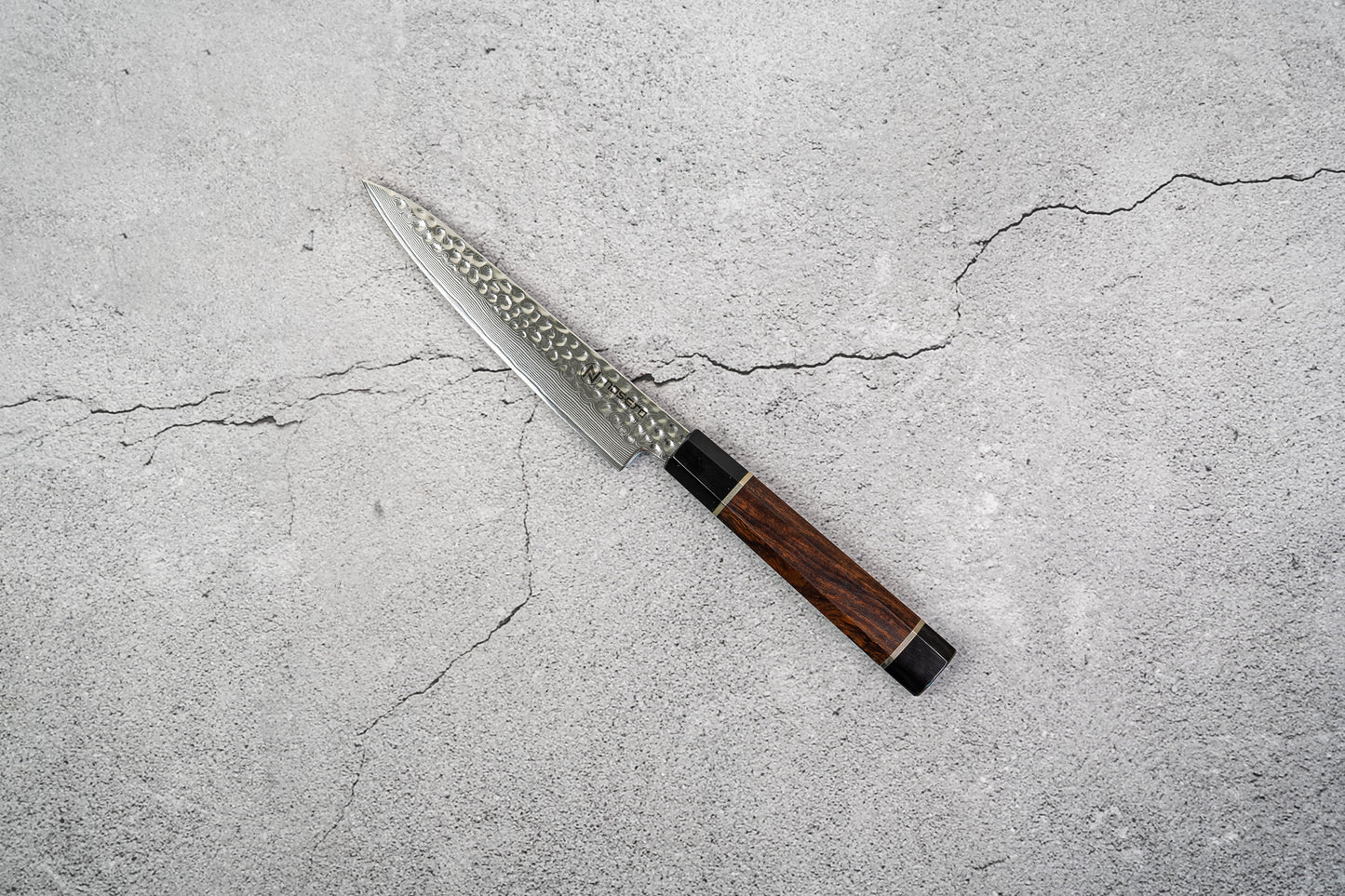 Noseto Suki Petty 67 Layers Damascus Hammered with Desert Iron Wood Handle