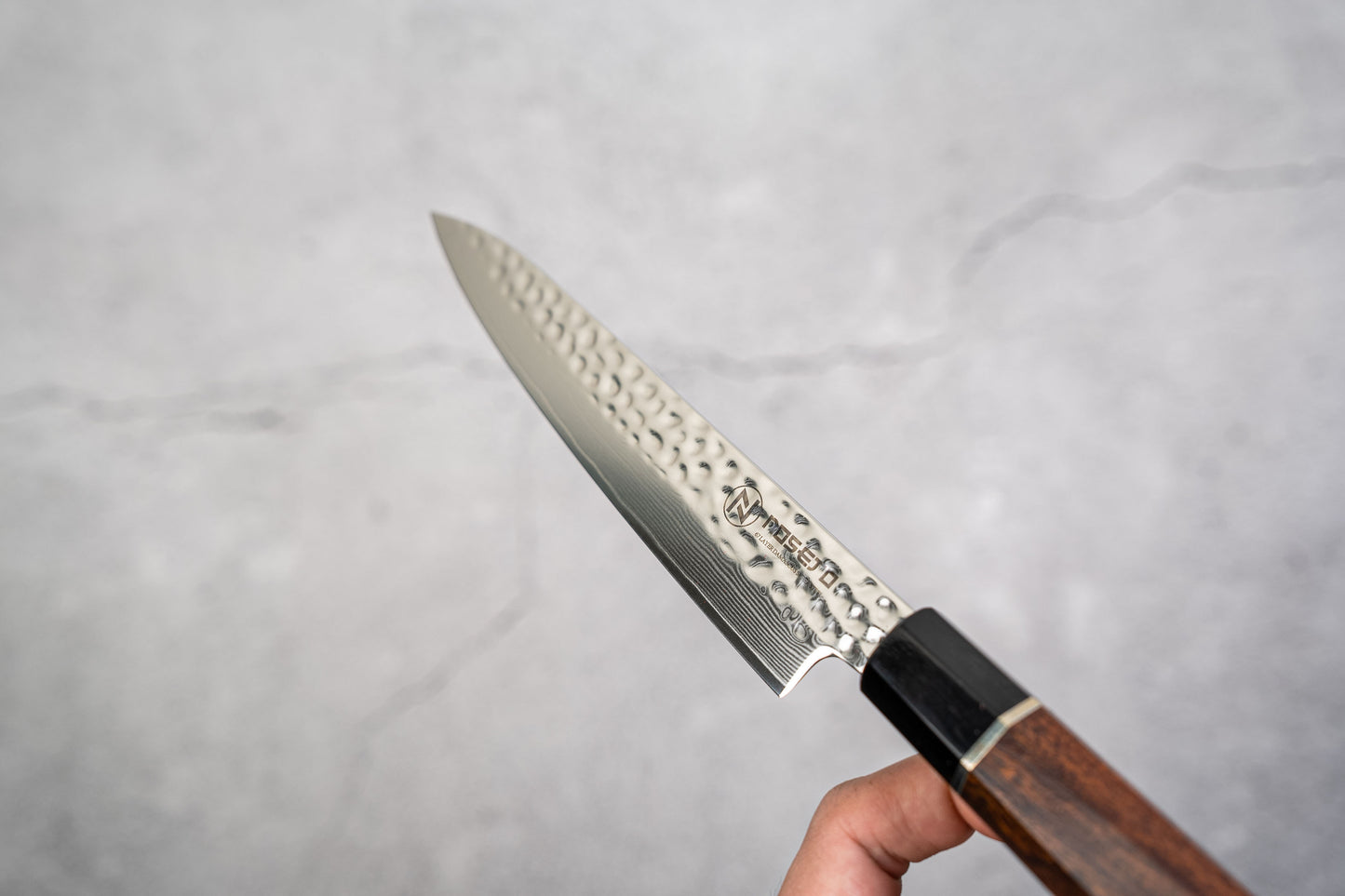 Noseto Suki Petty 67 Layers Damascus Hammered with Desert Iron Wood Handle