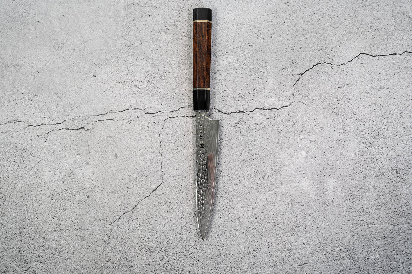 Noseto Suki Petty 67 Layers Damascus Hammered with Desert Iron Wood Handle