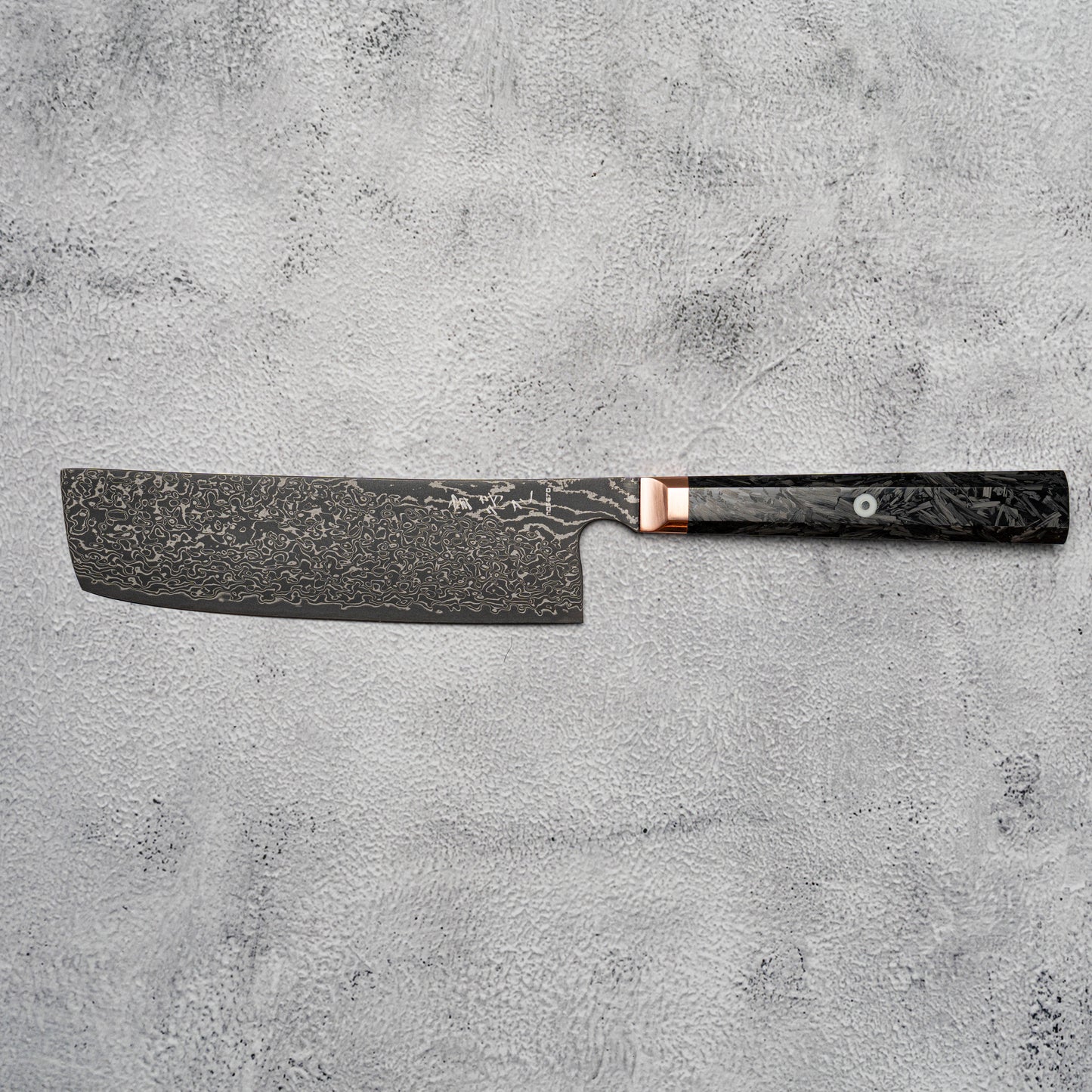 Couteau Nakiri Noseto Masu 170 mm, 67 couches, acier Damas Aus-10, avec renfort en cuivre et fibre de carbone
