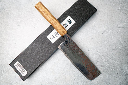 Seisuke Tsukikage AUS10 Migaki Finished Hammered Damascus Nakiri Japanese Knife 170mm Oak Handle