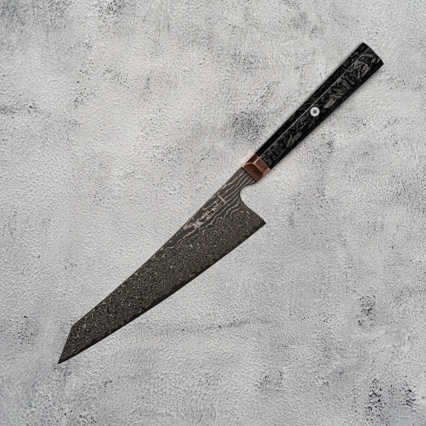 Couteau Noseto Masu 210 mm Kiritsuke 67 couches Aus-10 Damas avec renfort en cuivre et fibre de carbone