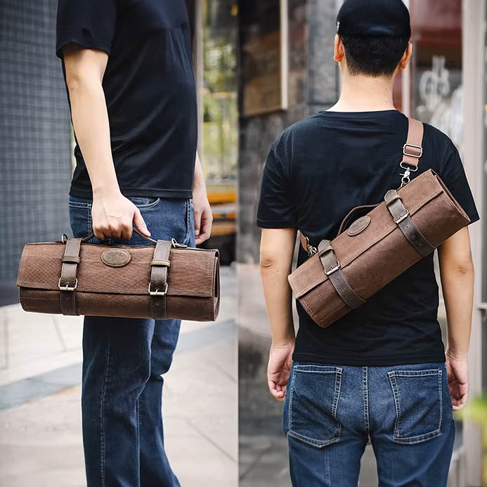 Sac à couteaux de chef pliable en toile et cuir avec 12 emplacements et bandoulière