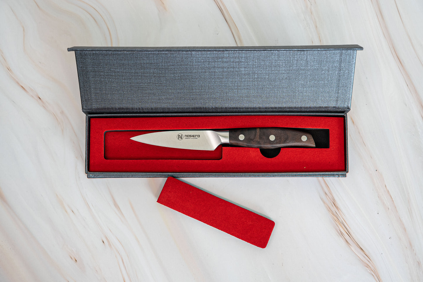 Couteau d'office allemand NOSETO 90 mm en acier inoxydable de haute qualité avec manche en bois de santal rouge