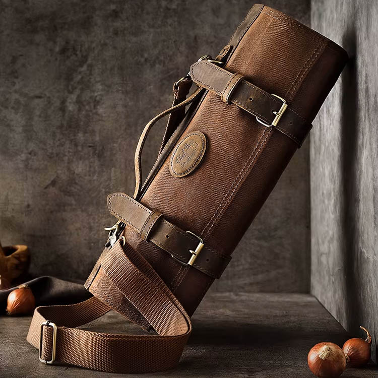 Sac à couteaux de chef pliable en toile et cuir avec 12 emplacements et bandoulière