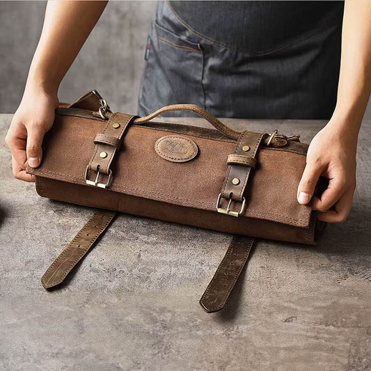 12 Slots Canvas & Leather Foldable Chef Knife Roll Bag with Shoulder Strap