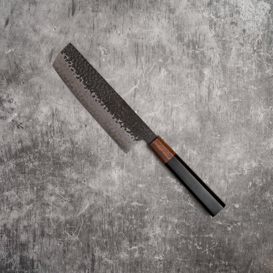 Noseto Kuki Nakiri 180mm 67 layers Damascus Tsuchime Finish Black Pakka Wood