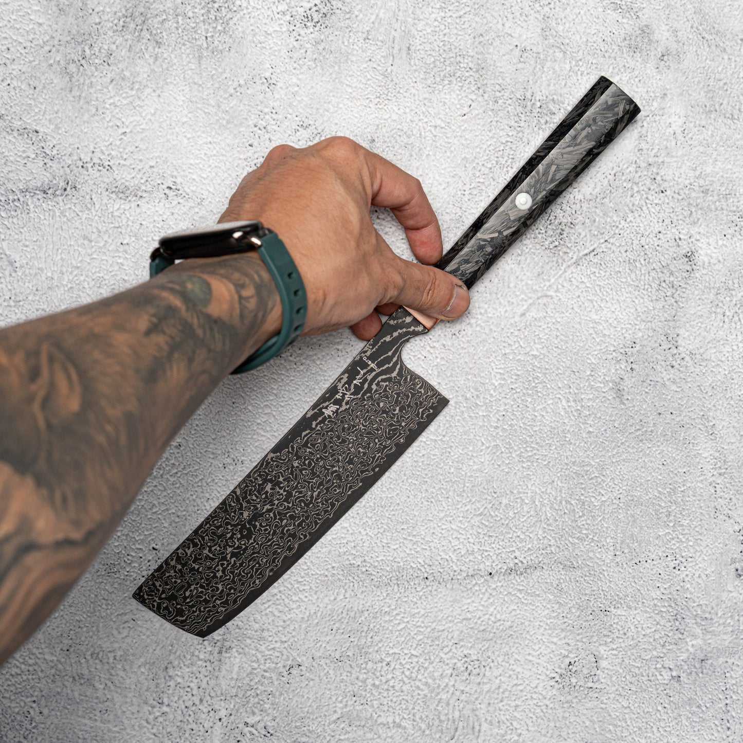 Couteau Nakiri Noseto Masu 170 mm, 67 couches, acier Damas Aus-10, avec renfort en cuivre et fibre de carbone