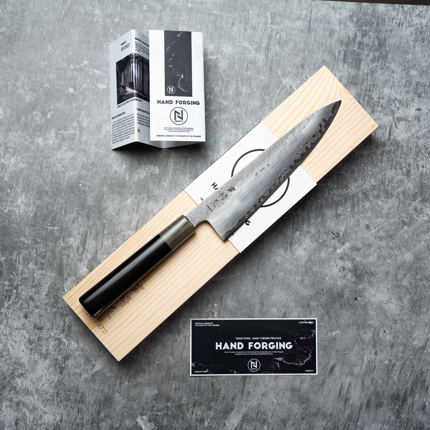 Noseto Ginro Gyuto 210mm Silvery Forging USA S35Vn Powder Steel with Buffalo Horn & Ebony handle