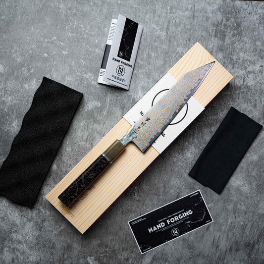 Noseto Kuza 210mm Kiritsuke 67 Layers VG-10 Copper Damascus with Buffalo Horn Resin Mixed Carbon Fiber