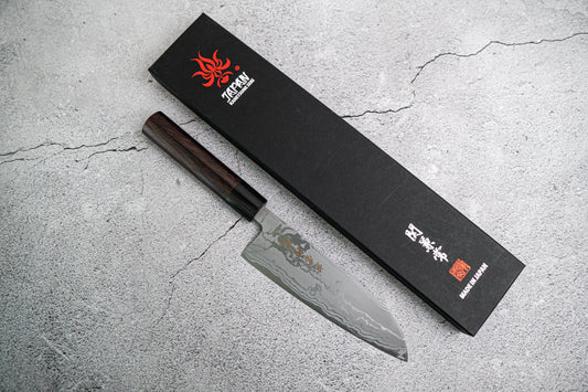 Couteau japonais Santoku Kanetsune Blue Steel n° 2 Damas 165 mm, manche Shitan