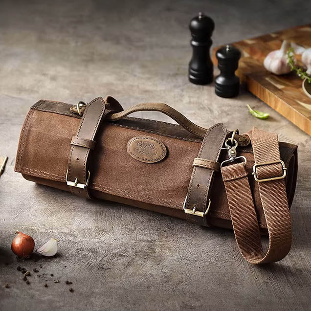 Sac à couteaux de chef pliable en toile et cuir avec 12 emplacements et bandoulière
