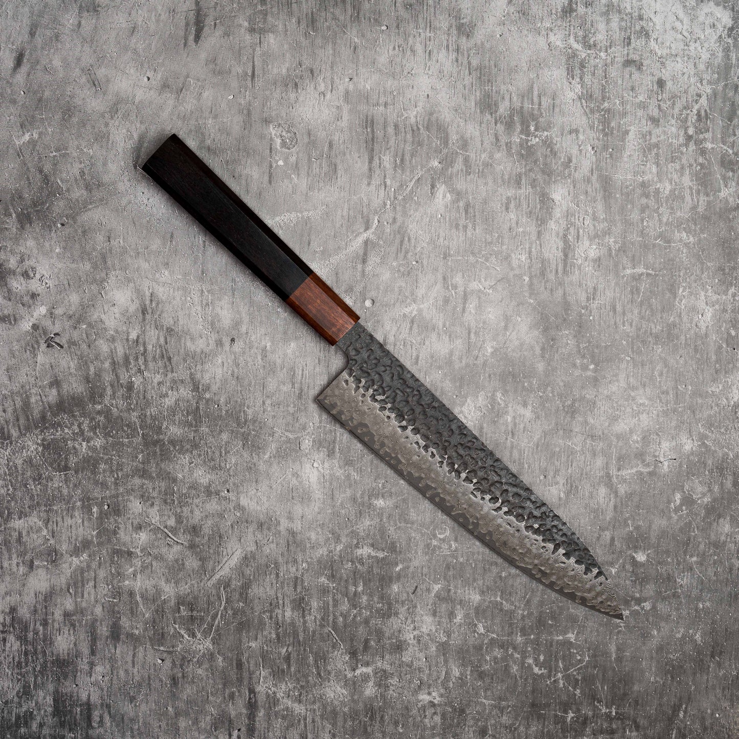 Noseto Kuki Gyuto 210mm 67 layers Damascus Tsuchime Finish Black Pakka Wood