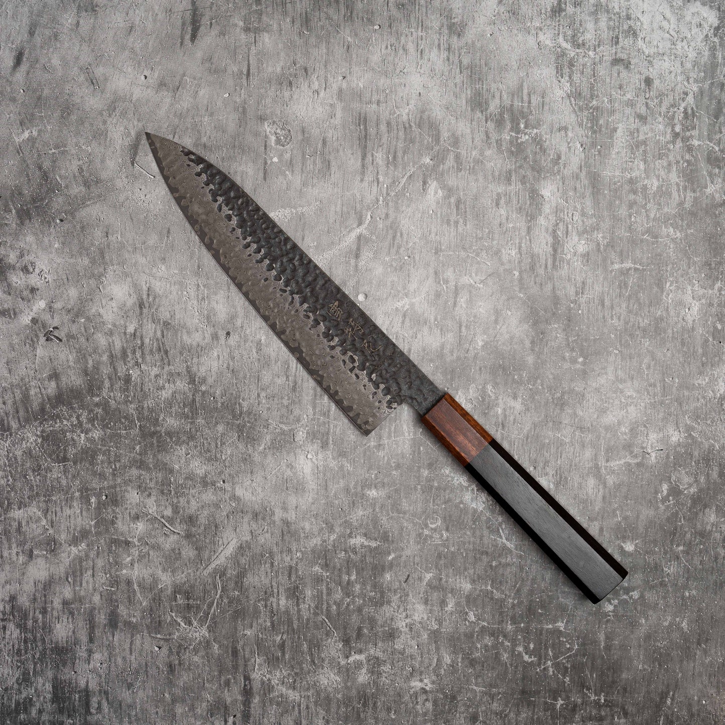 Noseto Kuki Gyuto 210mm 67 layers Damascus Tsuchime Finish Black Pakka Wood