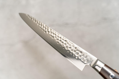 Couteau à trancher Noseto Yohan en acier damas martelé 210 mm, manche occidental en palissandre