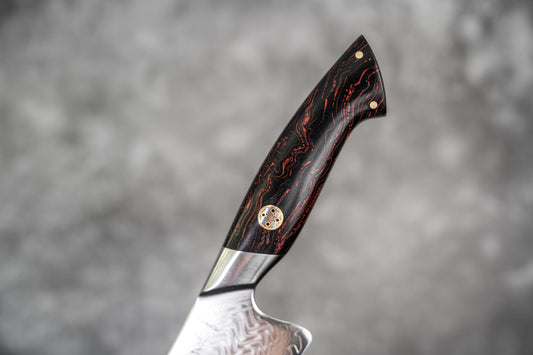 Couteau à pain Noseto Roku, noyau en acier poudré 73 couches, manche en G10 noir et rouge