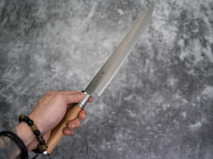Couteau à sashimi Noseto Yanagiba 270 mm en acier forgé avec bois d'olivier naturel