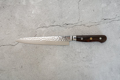 Couteau à trancher Noseto Yohan en acier damas martelé 210 mm, manche occidental en palissandre