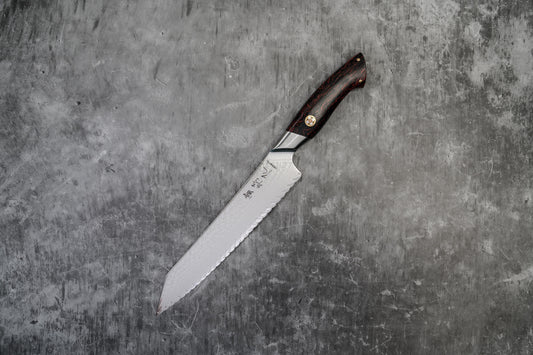 Couteau à pain Noseto Roku, noyau en acier poudré 73 couches, manche en G10 noir et rouge