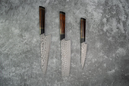 Ensemble de couteaux Noseto 110 couches (Gyuto, Nakiri, Petty) Damas Super Steel North America Manche en bois de fer avec Saya magnétique
