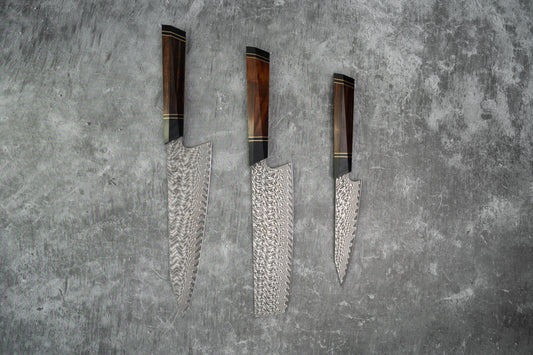 Ensemble de couteaux Noseto 110 couches (Gyuto, Nakiri, Petty) Damas Super Steel North America Manche en bois de fer avec Saya magnétique
